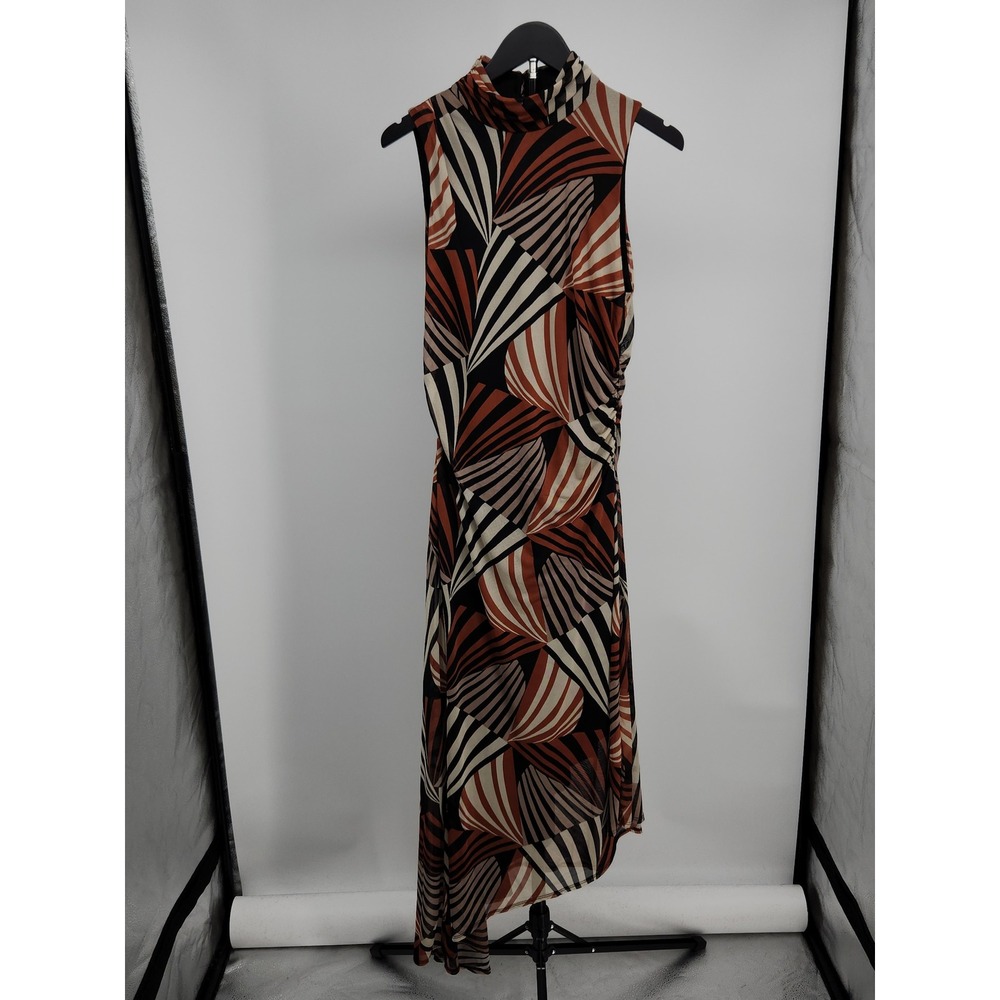 Taylor Women Geometric Fan Print Mesh Ruched Mock Neck Midi Dress Rust Black 14